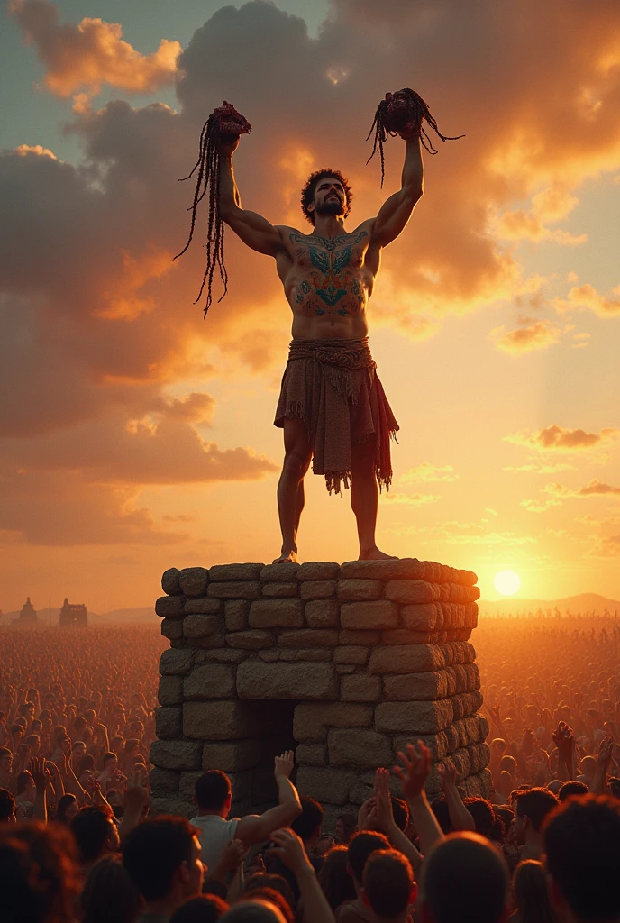 a man without a shirt with paintings on his chest, standing on the top of the tower, holding head of the sacrifice for gods. Beneath him are people cheering