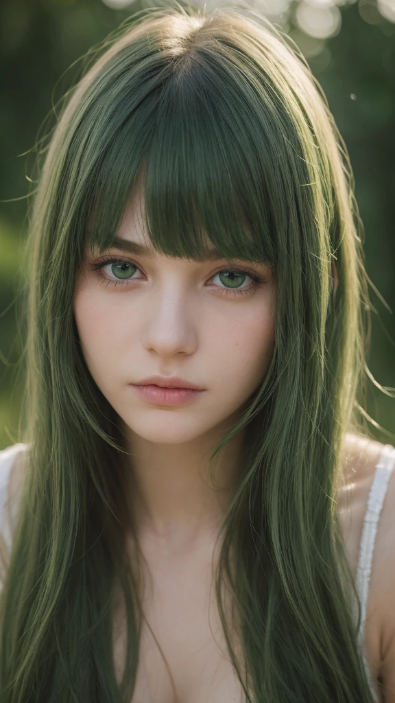 a girl. European. Extremely detailed face. Oval face. Delicate facial features. Half-closed eyes. Long straight hair. Messy hair. Bangs. Green hair. Green eyes. Lustful expression. sad mood