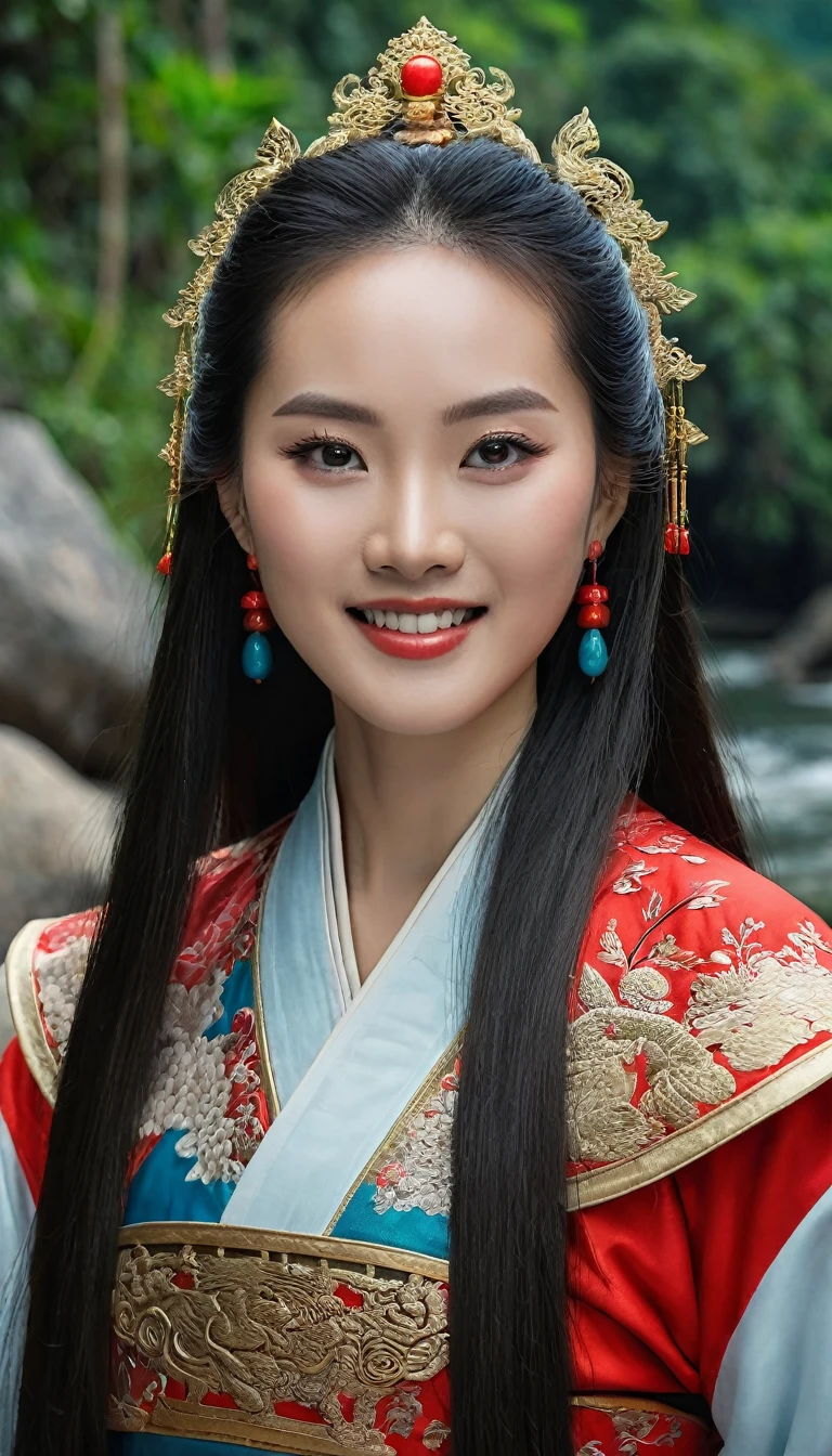 Character Dong Phuong Bat Bai, work Tieu Ngao Giang Ho by Kim Dung, China, ancient swordplay film. An extremely beautiful girl, long hair, white skin, very beautiful makeup, hair with spiritual accessories, wearing red and red Chinese ancient costumes, ((holding a long sharp sword)), wearing jewelry care, smiling face, using high-end cosmetics. The photo shows a gentle, graceful look, the girl's eyes look straight into the lens The background is the rocks on the river surrounded by trees, limestone pillars, mountain river trees, majestic natural scenery, beautiful Vietnamese jungle, beautiful nature in the background, Chinese scenery, forest and river, very beautiful scenery, beautiful jungle scenery, wonderful scenery, trees and cliffs, . Background of the river forest, mountain forest scenery, beautiful jungle, blue sky, white clouds. Hong Kong cinema style. Cinematic light, high detail, 8K, artstation, artistic concept, any virtual darkness. Photo taken with Canon EOS R5 85mm f/11 camera, ((sharp)) mode of people and surroundings. Photo quality ((8K)), ((realistic)), ((masterpiece)), ((sharpest and highest contrast)), ((amazing depth of field)), ((stereoscopic light)), ((angry, fierce)), detailed pore defect, ((Direct light on face)), bright sunlight.