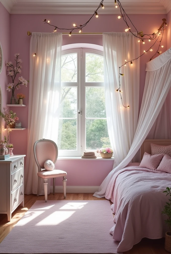 Please design me a fairy tale style bedroom for my girl., with gentle and peaceful design, bright color