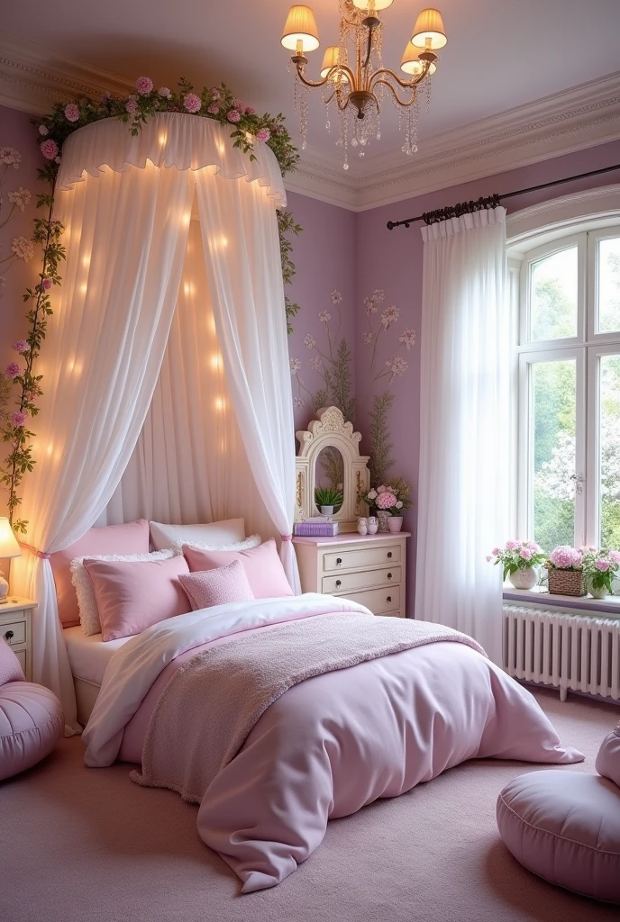 Please design me a fairy tale style bedroom for my girl., with gentle and peaceful design, bright color