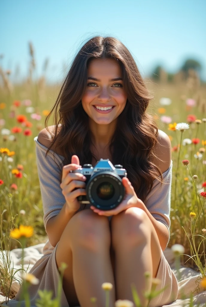 A brunette girl with curly hair and big breasts sits with her legs stretched out, taking a realistic photo