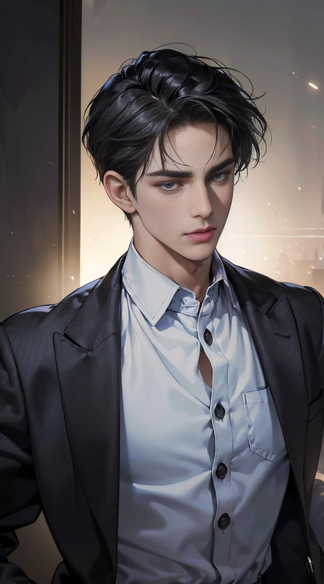 (best quality, masterpiece, 8 thousand, realistic, cinematic lighting, 1:4 HDR images, very detailed, beautiful photoature man, very handsome, ((cold expression)), black short hair, black eye, A perfect face without any mistakes, ((Buttoning my jacket, chief executive))