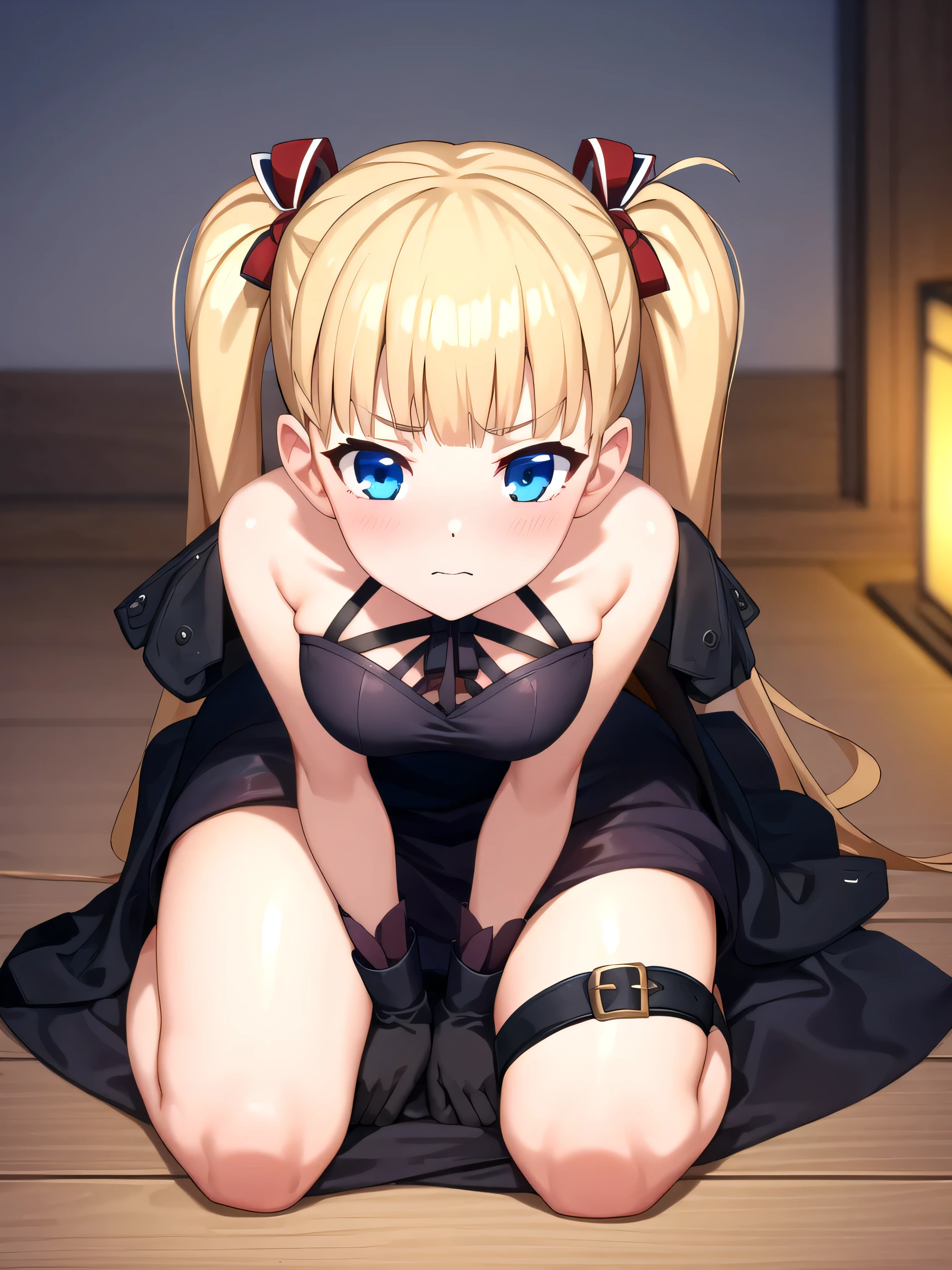 (masterpiece, Best Quality:1.2), absurdities, perfect anatomy, owtech, stylized, 1 girl, full body, looking at the viewer, blunt bangs, (black gothic dress, black lips, blush,), Focus only, Soft lighting, (blue eyes), blonde hair, very long hair, twintails, Airi Akizuki, medium breast,