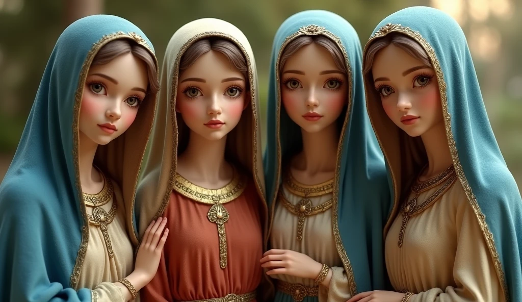Four beautiful Virgin Marys looking at the camera、Natural skin texture、Moist eyes, Natural eye size、(whole body:1.2), Wearing a reddish-beige tunic with a blue cloak and veil , The body is slim, Beautiful feet, whole body, Daytime, Halo