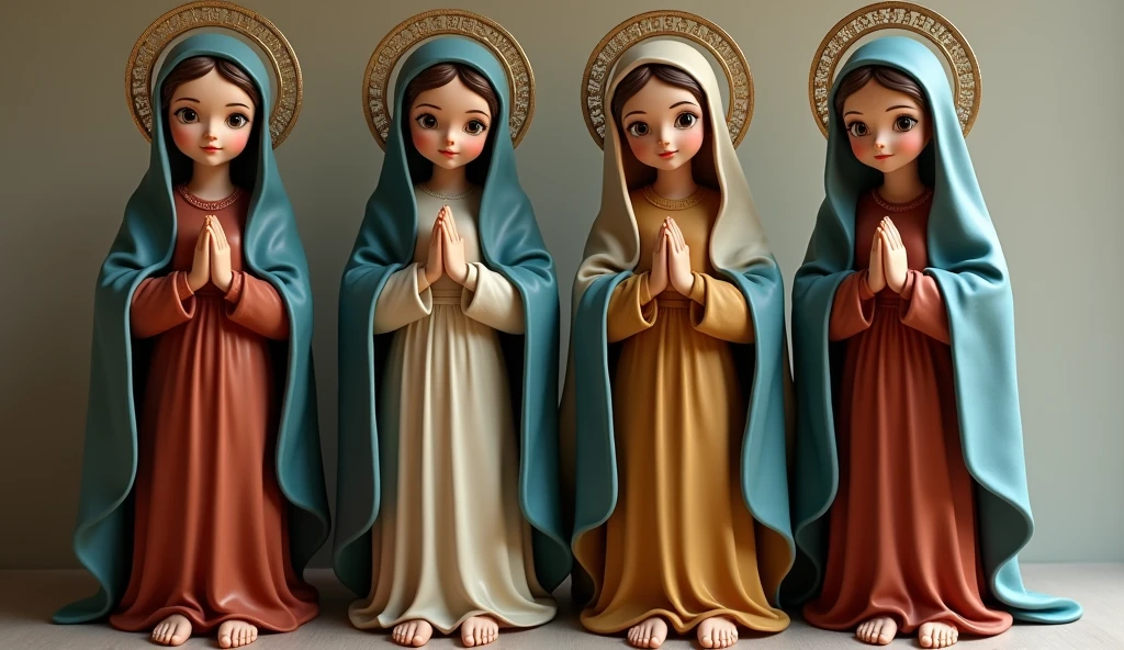 Four beautiful Virgin Marys looking at the camera、Natural skin texture、Moist eyes, Natural eye size、(whole body:1.2), Wearing a reddish-beige tunic with a blue cloak and veil , The body is slim, Beautiful feet, whole body, Daytime, Halo