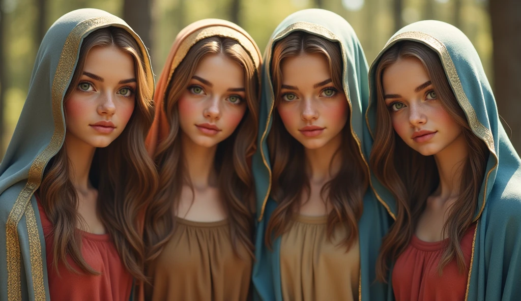 Four beautiful Virgin Marys looking at the camera、Natural skin texture、Moist eyes, Natural eye size、(whole body:1.2), Wearing a reddish-beige tunic with a blue cloak and veil , The body is slim, Beautiful feet, whole body, Daytime, Halo