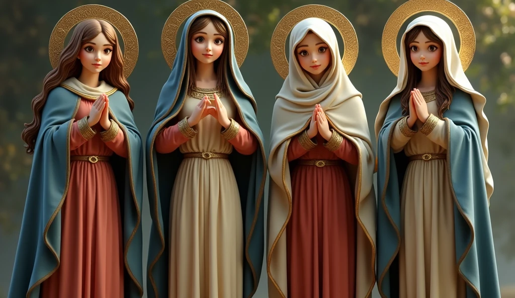 Four beautiful Virgin Marys looking at the camera、Natural skin texture、Moist eyes, Natural eye size、（whole body：1.2）, Wearing a reddish-beige tunic with a blue cloak and veil , The body is slim, Beautiful feet, whole body, Daytime, Halo