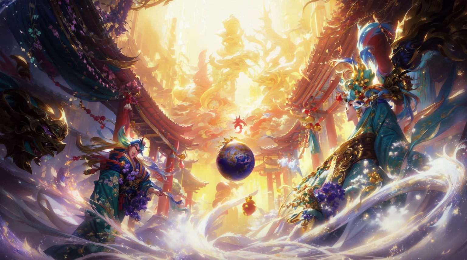 Japanese cartoons, A man in a yellow robe is surrounded by huge objects, The ball, Japanese cartoons epic artwork, Japanese cartoons fantasy artwork, A beautiful artistic illustration, 2. 5 d cgi Japanese cartoons fantasy artwork, Japanese cartoons fantasy illustration, Japanese cartoons scenery concept art, colorful Japanese cartoons movie background, Onmyoji detailed art, beautiful Japanese cartoons artwork, Traditional Japanese concept art, Dragon Ball concept art