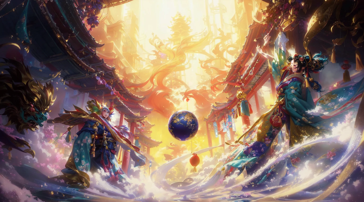 Japanese cartoons, A man in a yellow robe is surrounded by huge objects, The ball, Japanese cartoons epic artwork, Japanese cartoons fantasy artwork, A beautiful artistic illustration, 2. 5 d cgi Japanese cartoons fantasy artwork, Japanese cartoons fantasy illustration, Japanese cartoons scenery concept art, colorful Japanese cartoons movie background, Onmyoji detailed art, beautiful Japanese cartoons artwork, Traditional Japanese concept art, Dragon Ball concept art