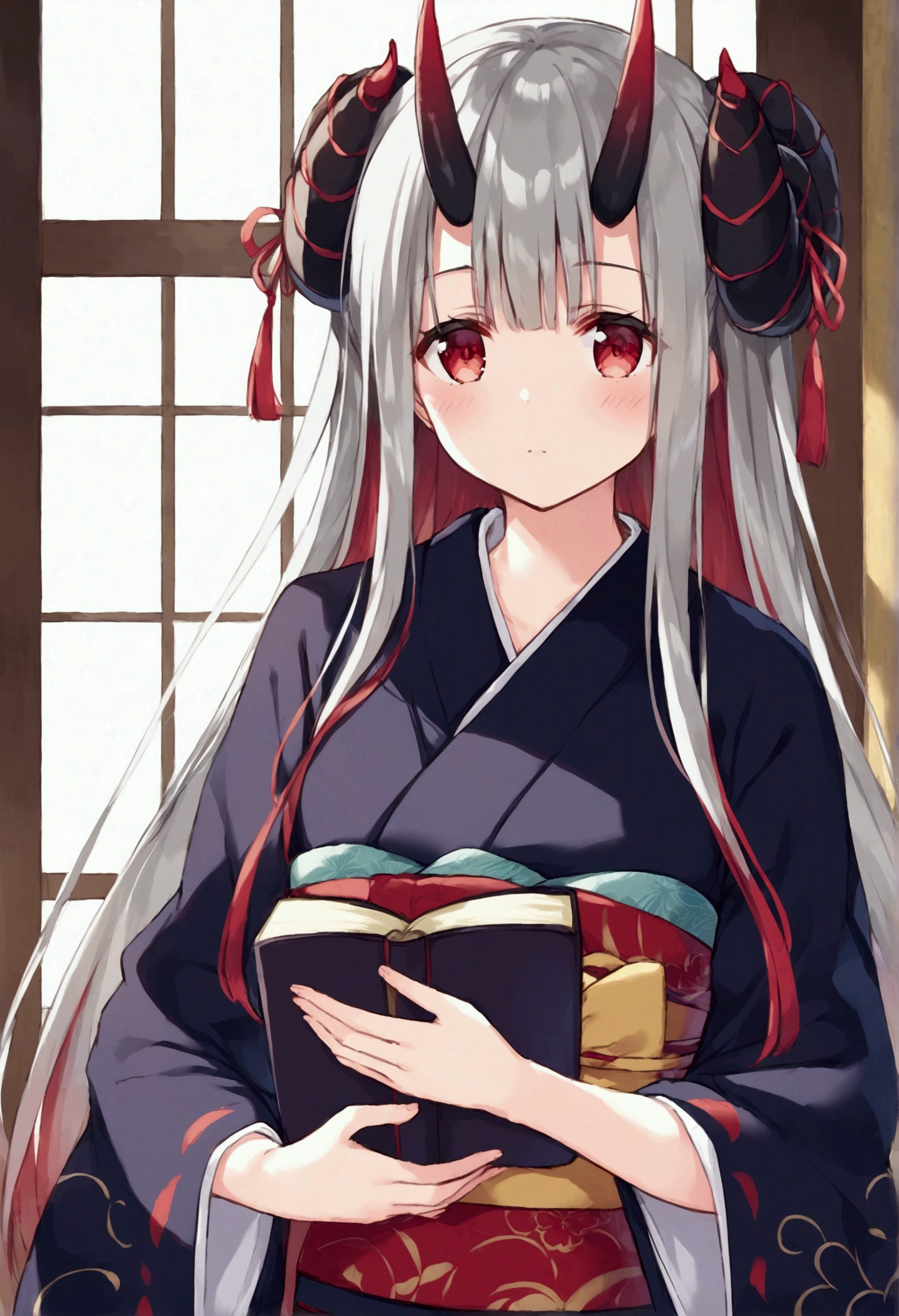 8k, Highest quality, Manga style, View your viewers, Intricate details,One person, Nakiri Ayame, 2Demon horns in the book, Multicolored Hair, Long Hair, Red eyes, Gray Hair, kimono,
