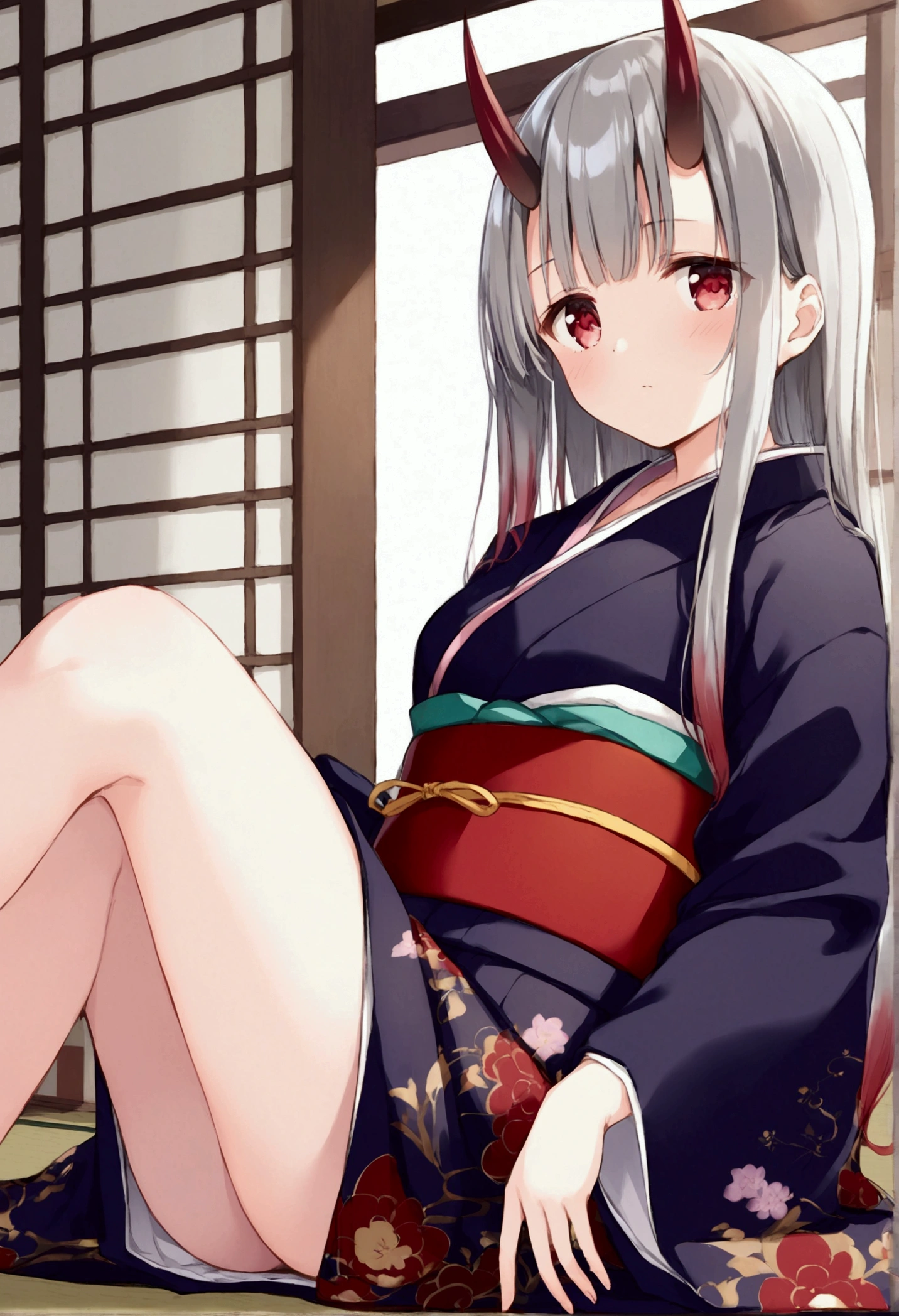 8k, Highest quality, Manga style, View your viewers, Intricate details,One person, Nakiri Ayame, 2Demon horns in the book, Multicolored Hair, Long Hair, Red eyes, Gray Hair, kimono,