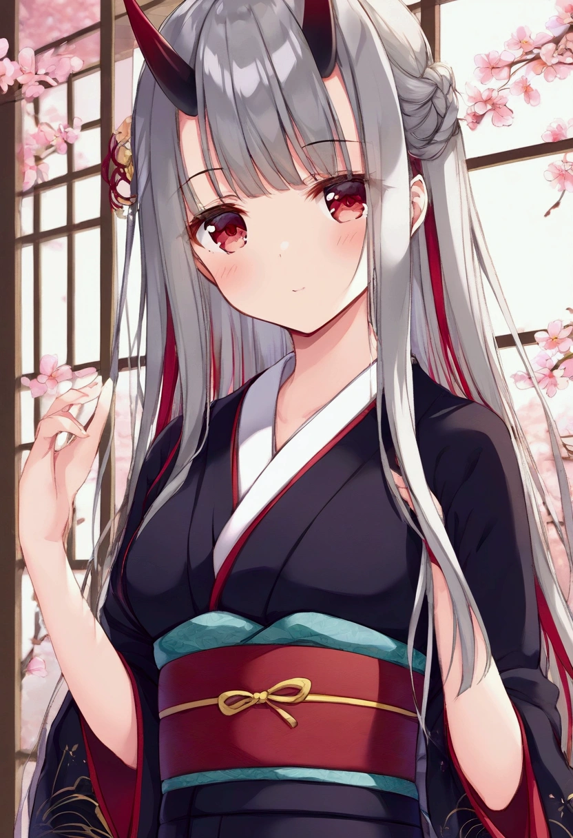8k, Highest quality, Manga style, View your viewers, Intricate details,One person, Nakiri Ayame, 2Demon horns in the book, Multicolored Hair, Long Hair, Red eyes, Gray Hair, kimono,