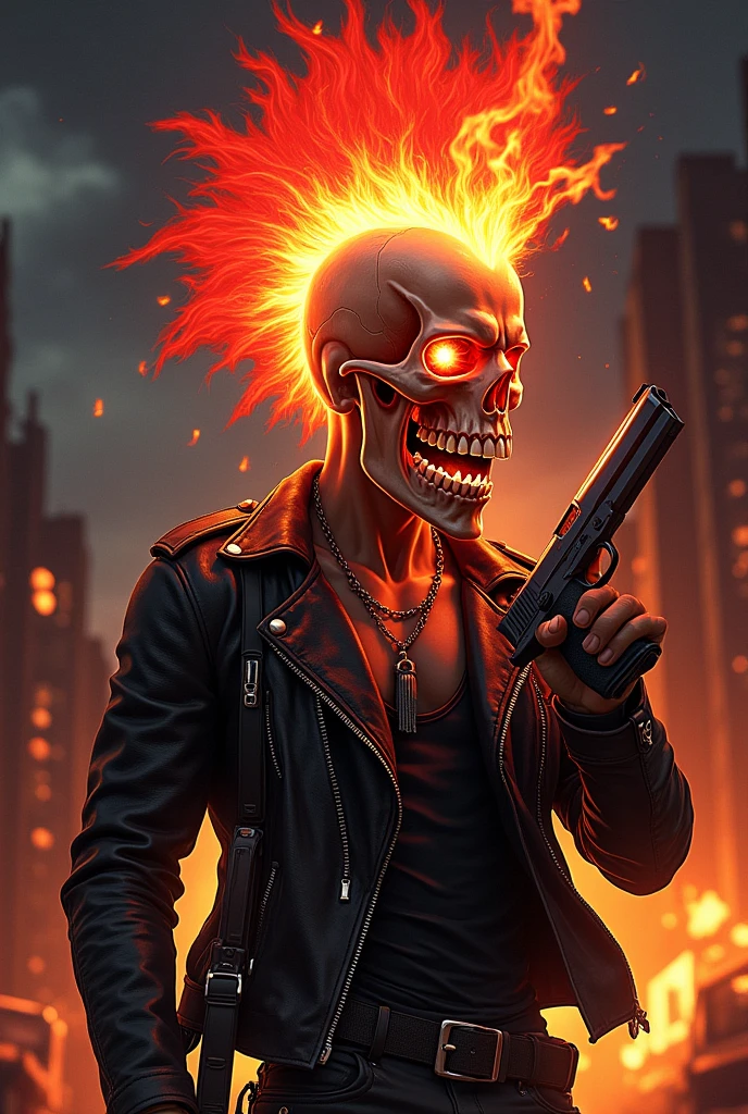 Flaming punk skull with red mohawk, 1 man, wide open mouth, detailed teeth, red eye sockets, scary style, high contrast, (best quality, 4k, 8k, high resolution, masterpiece:1.2), ultra-detailed, (realistic, photorealistic, photo-realistic:1.37), HDR, UHD, sharp focus, flat illustration, bold lines, (punk, rebel, aggressive: 1.2), he wears a leather biker jacket (punk, rebel, aggressive), he has a pistol in his hand, he has a burning skull (fire: 1.3), Environment and an urban area on fire (Urban Fire), Night