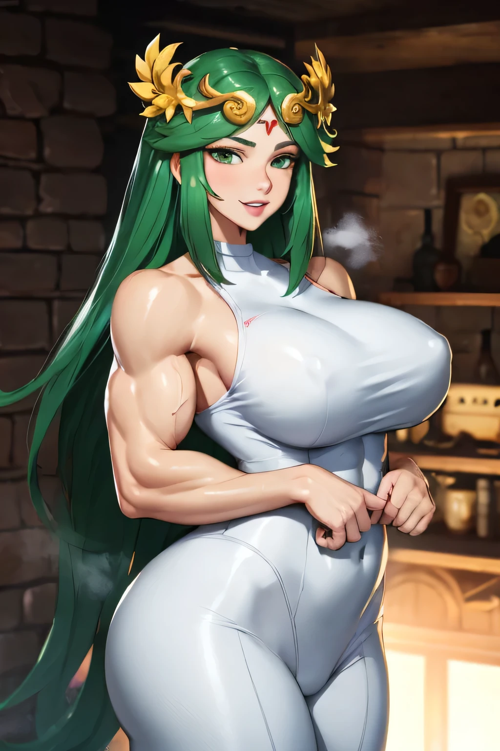 masterpiece,Palutena_Kid Icarus ,best quality,Palutena dress, (gigantic breasts:1.3),(muscle:1.5),in dungeon, looking at viewer, cowboy shot,green hair, curvy, bule eyes,a female tyrant with a penchant for torture,fog,drenched in sweat,pink cheeks,shiny suit ,smile, white teeth,gloomy light,balanced eyes,The two hands are interlaced in front of the chest,plump body,jewelry, golden laurel wreath