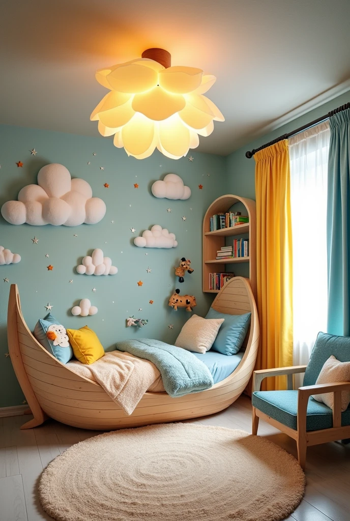 Please design me a fairy tale style bedroom for my boy., with gentle and peaceful design, bright color
