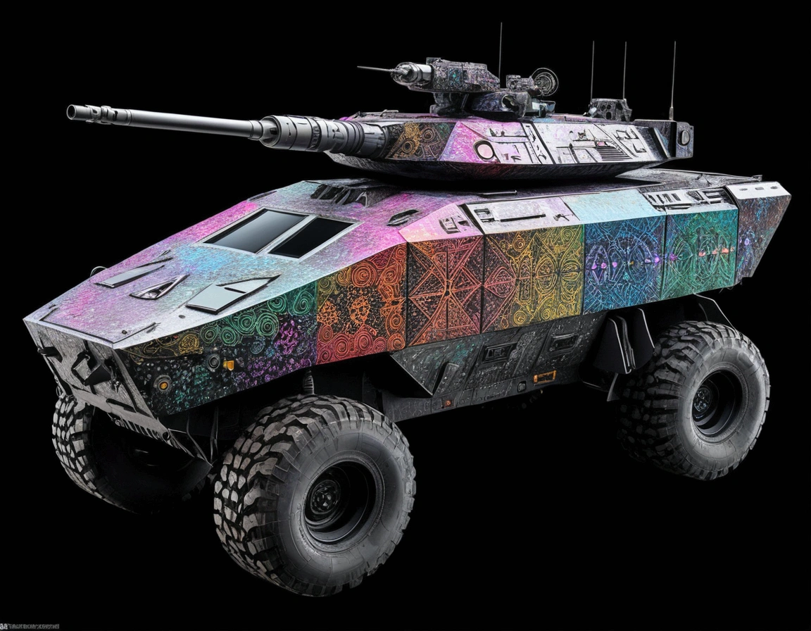 An full image of a giant heavily armored futuristic flying all terrain apc, covered in rainbow batik pattern and glowing javanese runic symbols, off road wheels, automatic turrets, missile banks, missile defense system, multi-port rear engine arrays,  large pivoted missile pods, anti-air batteries, retractable center cannon