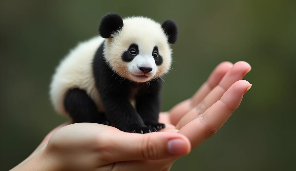 photorrealistic, 64k, tiny baby fat [chinese Panda] perched on human perfect fingers
