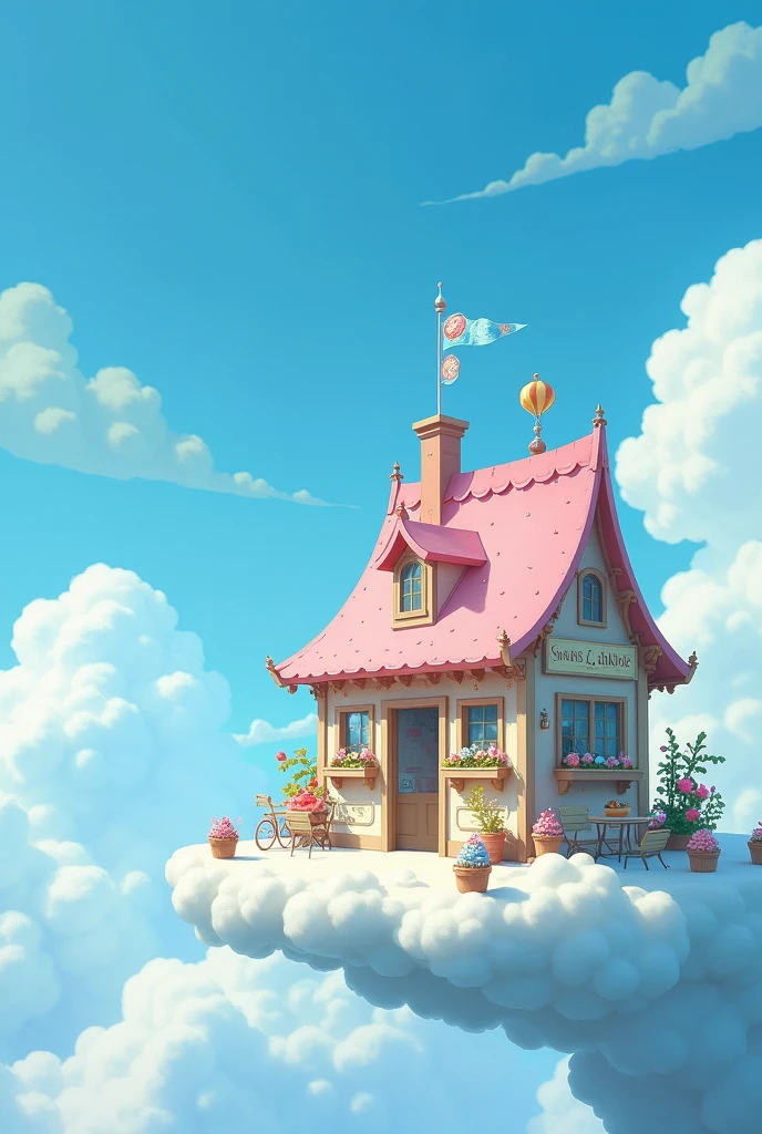 Hayao Miyazaki cartoon wallpaper,Oil painting style,HD blue tone,A cake shop on the edge of the clouds,Ultra HD 4k8k resolution,webp graffiti style illustrator Jon Burgerman Hayao Miyazaki style studio Ghibli,Size 9:16