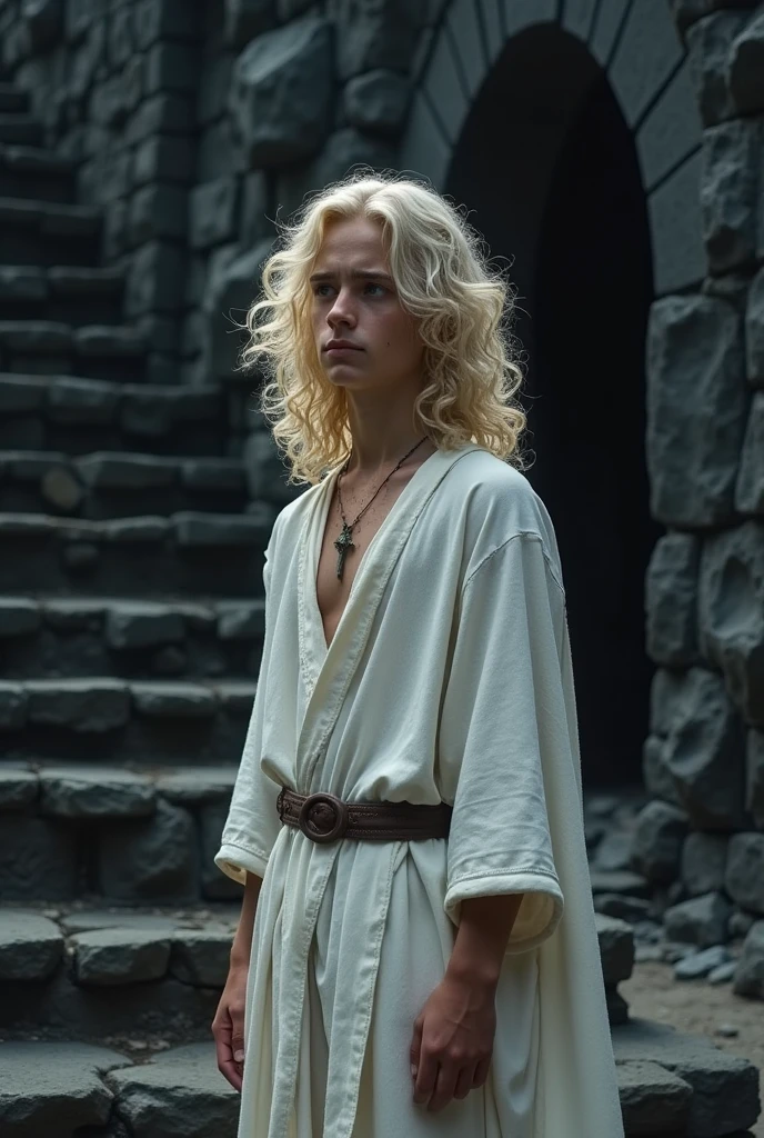 A handsome 13 years old Sexy Targaryen Prince with long curly platinum blonde hair, he's wearing a white inner loose clothes,his face was detailed with freckles, he's standing near a black stairs made of stones on a broken ruined black castle,he's afraid and panting,his face is reddened, he's looking at far