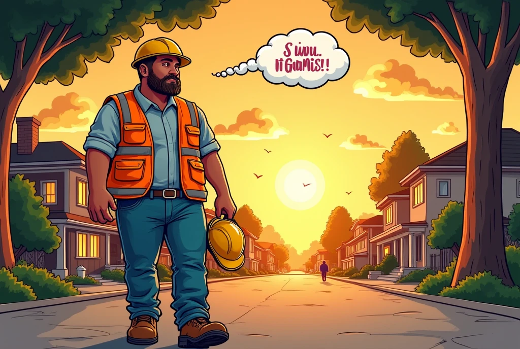 A comic strip, in which a worker is returning from his workplace, towards his house, where his family is waiting for him and he is carrying a safety helmet and a vest with him. "Ss" super safe.