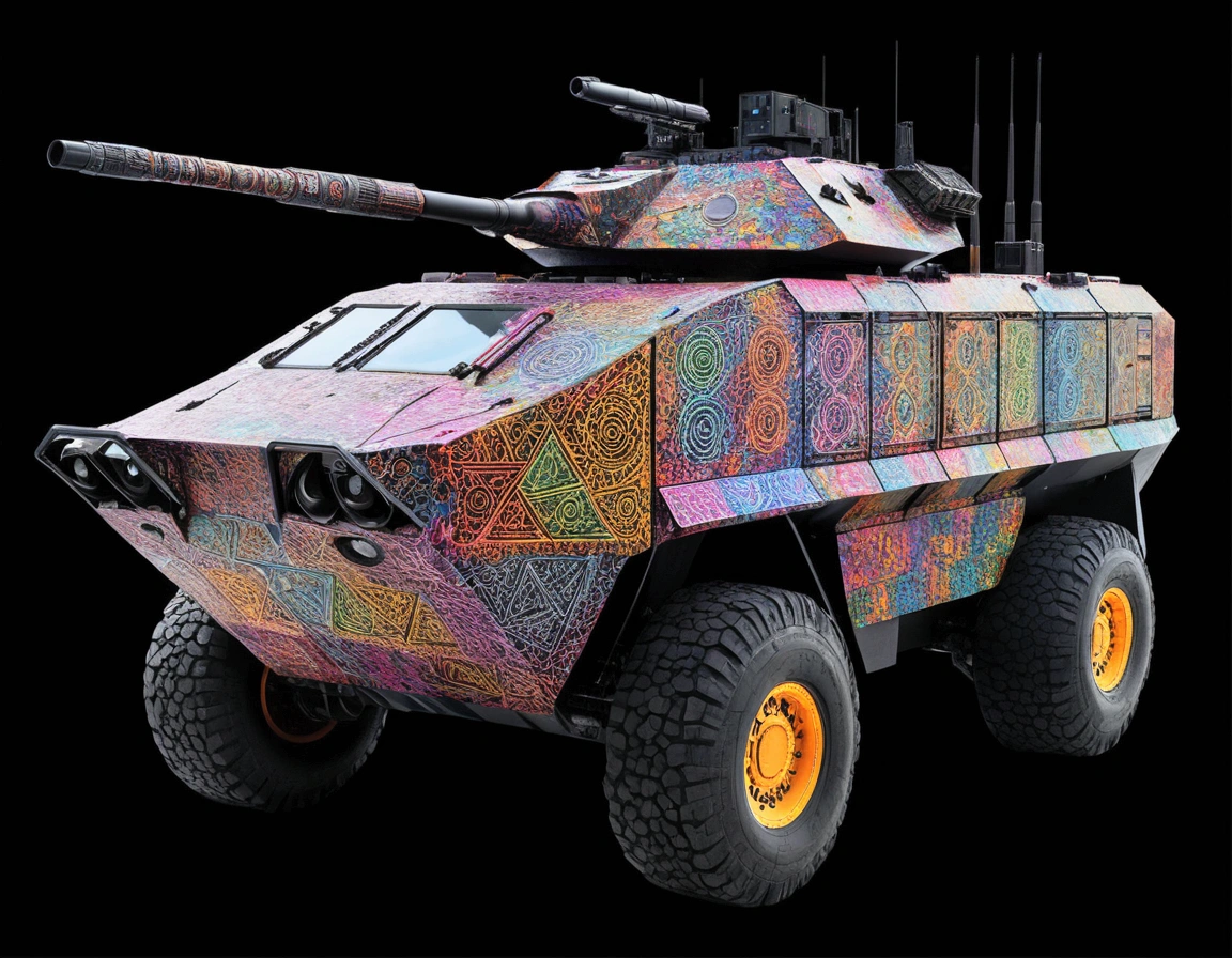 An full image of a giant heavily armored futuristic all terrain apc, covered in rainbow batik pattern and glowing javanese runic symbols, missile banks, missile defense system, multi-port rear engine arrays,  large pivoted missile pods,