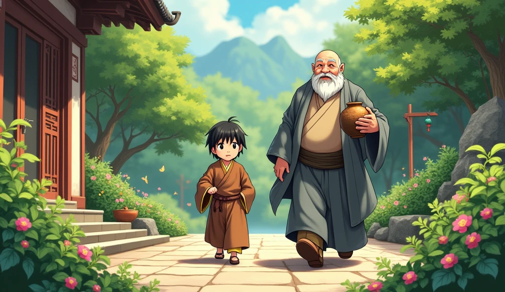 Old chinese fat monk master going towards garden with young monk student, master monk carrying broken pot on hand, in anime style,