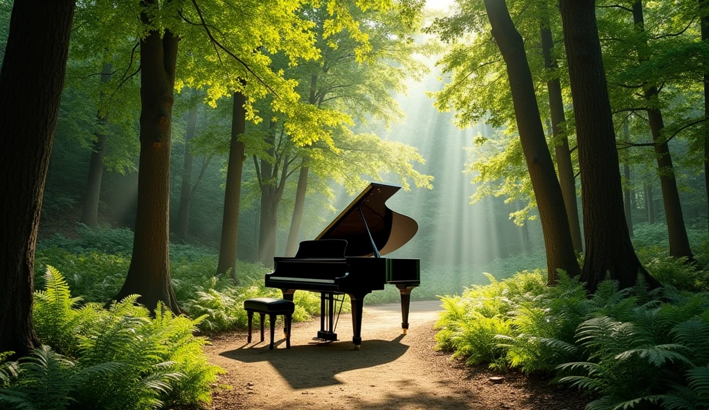 A large black grand piano sits in an open clearing in the woods. The image provided by the artist depicts a tranquil forest scene, with the sunlight filtering through the trees and casting soft rays of light on the paths lined with ferns and lush greenery. The overall atmosphere is tranquil and pleasant, and the play of light and shadow among the trees creates a sense of depth.
Here is the prompt for this image:
A large black grand piano set on a quiet forest path surrounded by tall trees with bright green leaves. Sunlight filters through the dense canopy, casting gentle rays onto the dirt path overgrown with ferns and undergrowth. The scene is serene, warm, and naturally lit, creating a peaceful, inviting atmosphere.”
Translated with DeepL.com (free version)