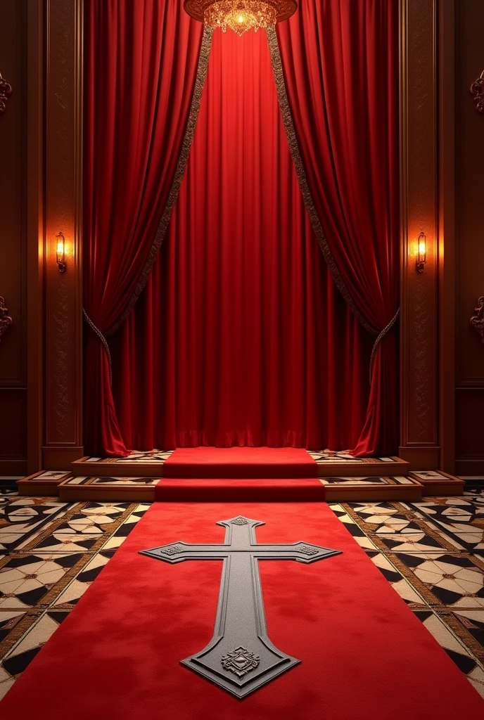 a red carpet with a silver cross on it and a red curtain, a sketch by Elaine Hamilton, pixabay, art deco, awards, award winning digital art, award - winning digital art, award-winning digital art, digital award winning artwork, foreground background, award winning pictures, isolated background, award winning composition, background is copper, award winning cinematic