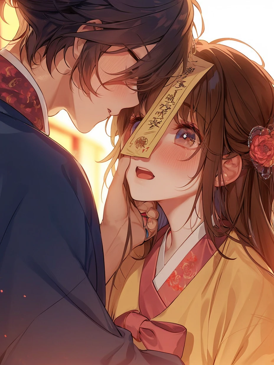 Anime style, cute male and female Jiangshi couple, brown-haired Jiangshi, talisman on forehead, male and female Jiangshi couple, cute, well-formed features, the girl has round eyes, she is wearing almond eyes, hanbok, Jiangshi clothes, hanbok in the style of a Chinese dress, アニメ art of Jiangshi, perfect face, perfect reproduction, masterpiece, background, night stall, talisman on forehead, two people facing each other, Jiangshi appearing at a night stall, アニメ, talisman, seal to ward off evil spirits, A long piece of paper with writing on it is pasted on forehead