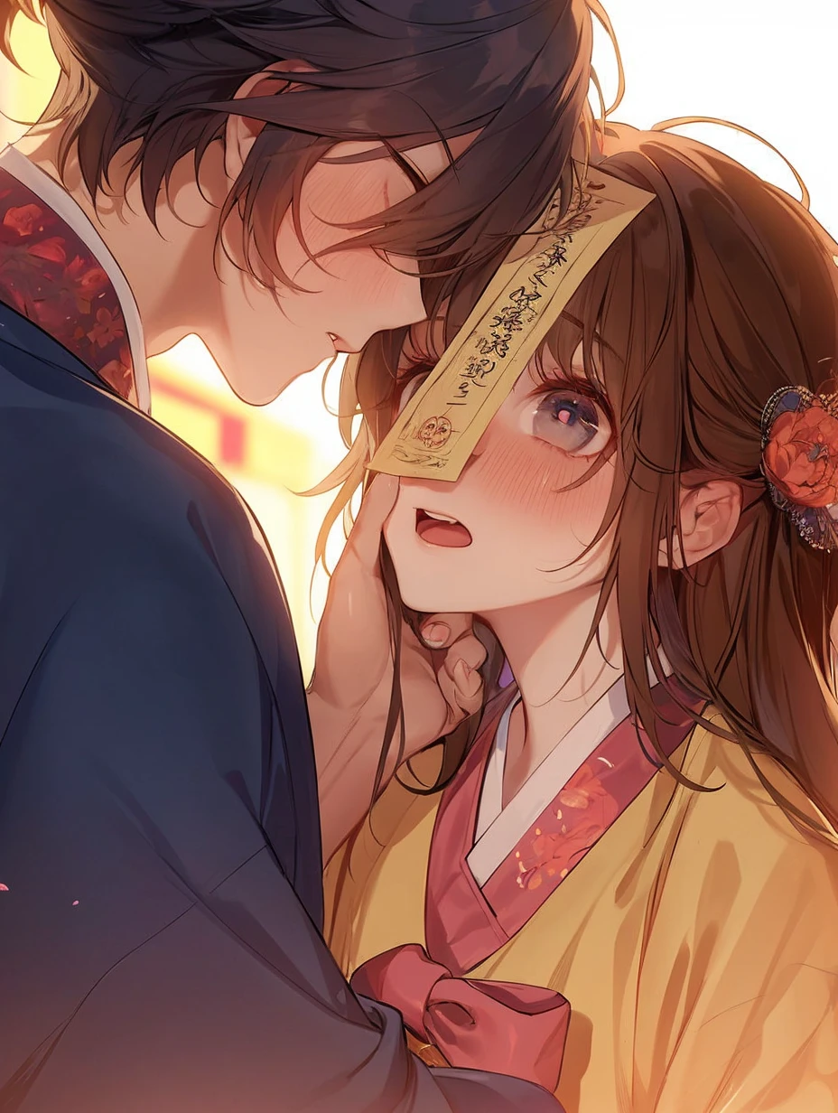 Anime style, cute male and female Jiangshi couple, brown-haired Jiangshi, talisman on forehead, male and female Jiangshi couple, cute, well-formed features, the girl has round eyes, she is wearing almond eyes, hanbok, Jiangshi clothes, hanbok in the style of a Chinese dress, アニメ art of Jiangshi, perfect face, perfect reproduction, masterpiece, background, night stall, talisman on forehead, two people facing each other, Jiangshi appearing at a night stall, アニメ, talisman, seal to ward off evil spirits, A long piece of paper with writing on it is pasted on forehead