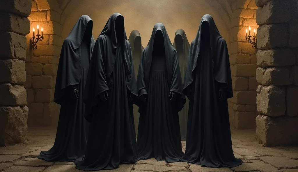 oil painting, group of people in dark robes, faces shadow