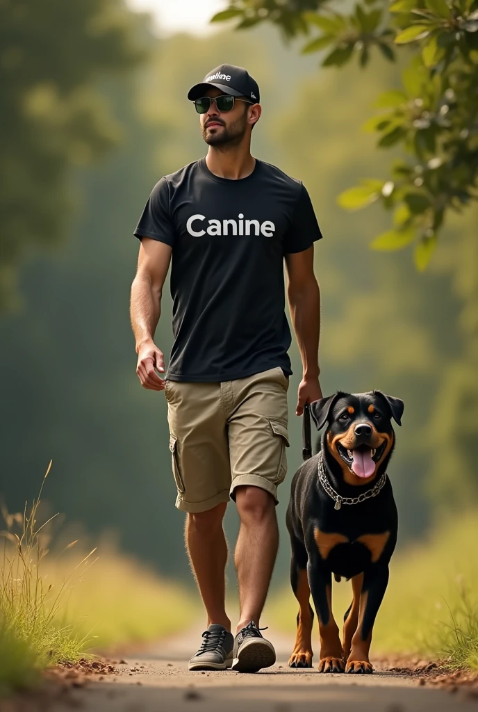 Detailed depiction of a man walking a Rottweiler。Detailed depiction of nature。All live-action。The man in the photo is wearing a T-shirt that says Canine and a cap that says Canine.。Poster for a high-end brand。Expressing luxury and hope。High-brand poster　Rottweilers have four legs