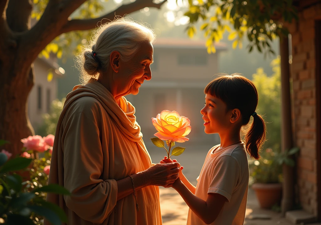 "Ali happily holding a beautiful, glowing rose in his hands. He is showing it to his grandmother, who is smiling warmly. The background shows their cozy village home, with the large tree visible in the distance."