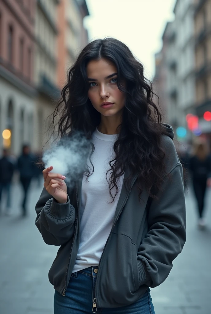A modern superhero looks like Lyanna Stark. She has very long curly dark hair and light silver eyes. She has pale white skin. She's in her undercover personality. She's wearing jeans, t-shirt and hoodie. She looks young and pretty. She has ice power in hand. She's looking shy. She's pretty and She has girly type of beauty with cute face. She's slavic.