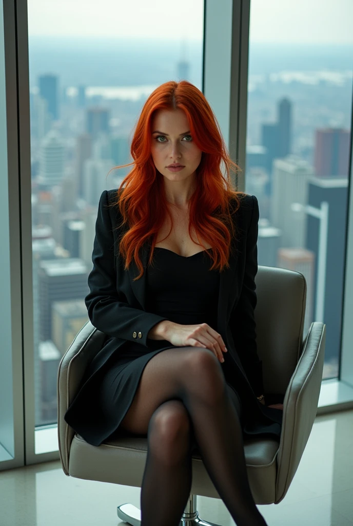 Donna con capelli rossi, green eyes wearing a knee-length skirt, a barefoot black stockings jacket sitting in an office on the top floor of a skyscraper