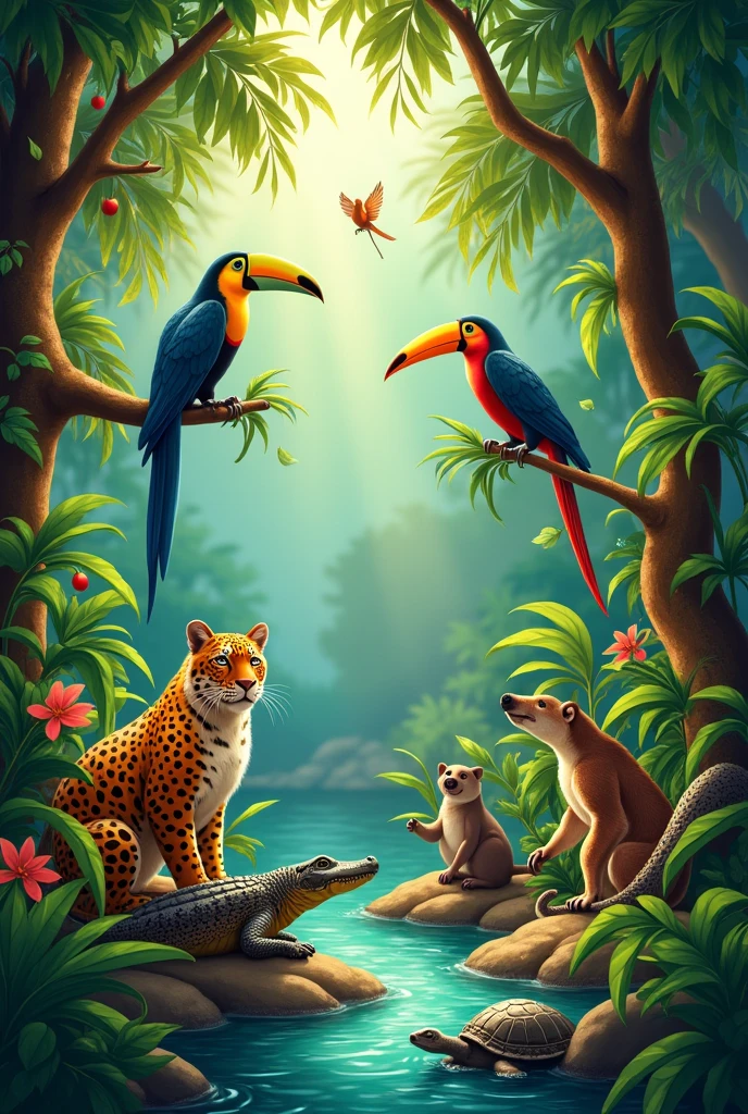 Can you make me a picture of the friends of the jungle?, They will always be united,
Because in your home, There will never be a shortage of adventures!



The animals the toucan, The parrot, the monkey, the jaguar, the alligator, The lazy one, the turtle, the capivara and the anaconda 