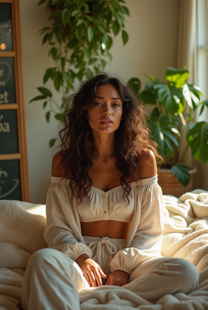 (photorealism:1.2), beautiful woman, sitting on bed, wearing loose off-shoulder top, pajama pants, long curly hair, indoors, soft lighting, plants in background, window with sunlight, cozy room, relaxed pose, realistic, intricate details, warm colors, by Greg Rutkowski, by Alphonse Mucha. Draw letters on the inside wall of "TAK TEXTILES VINA".