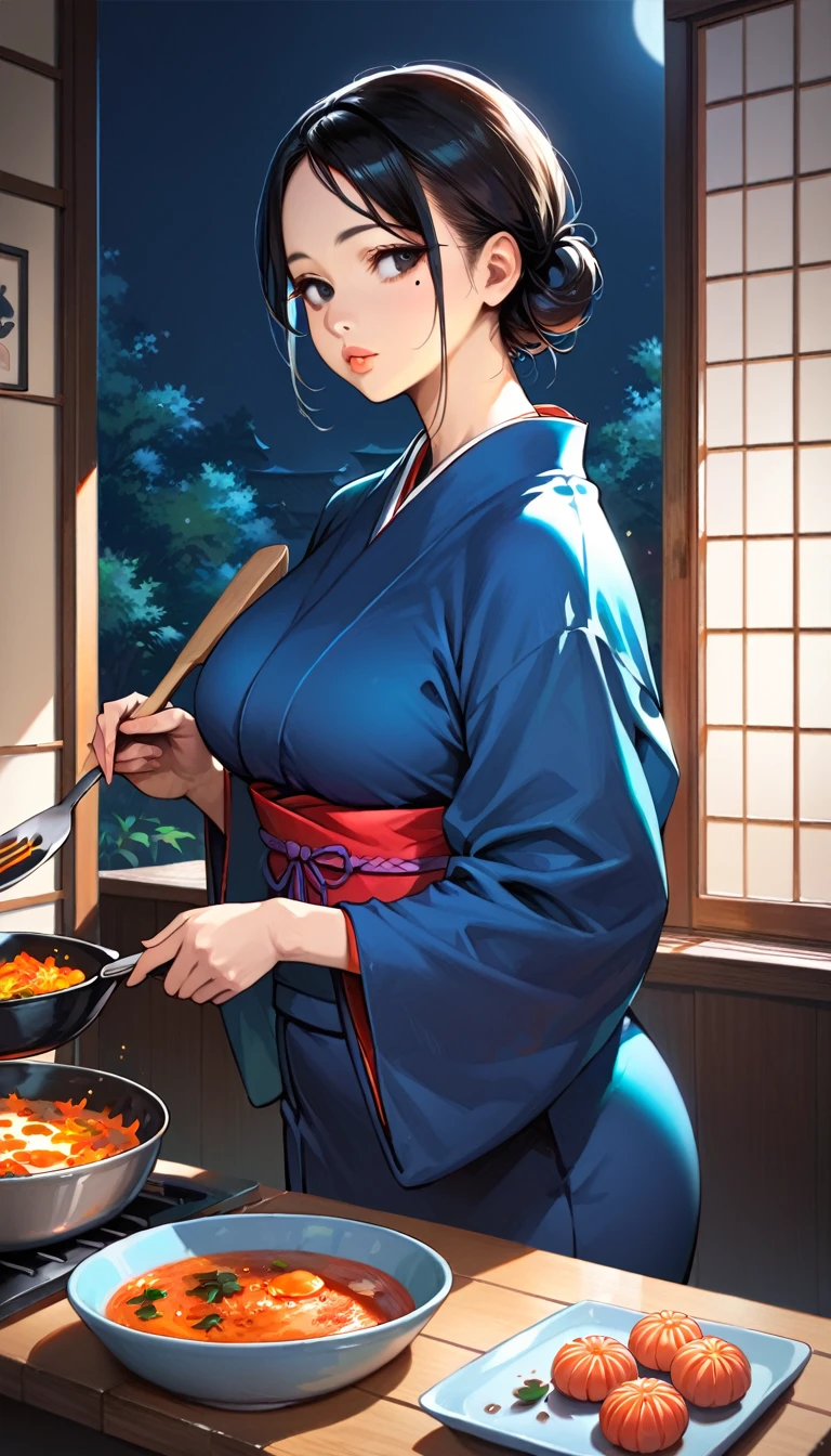 (score_8, score_8_up,masterpiece,highest quality,Perfect Anatomy,Exquisite detailed,realistic)(hyper realistic:1.2)1 Japanese woman,tsurime(narrow eyes:1.1)thick lips(make up:1.1)busty,big hips,Plump,black hair,low bun,hair over one eyemole under eye,black eyes,blue japanese clothes,looking away,Cooking,night