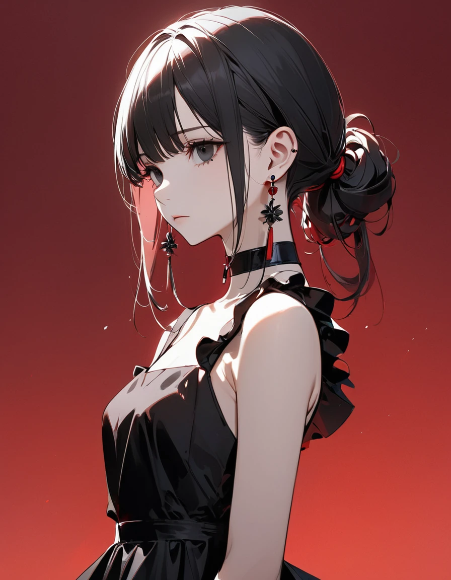 best quality, beautiful, hair tie, 8K, expressionless, side body, head tilt look view, black eyes, slim, dress, earrings, choker, concept, red background