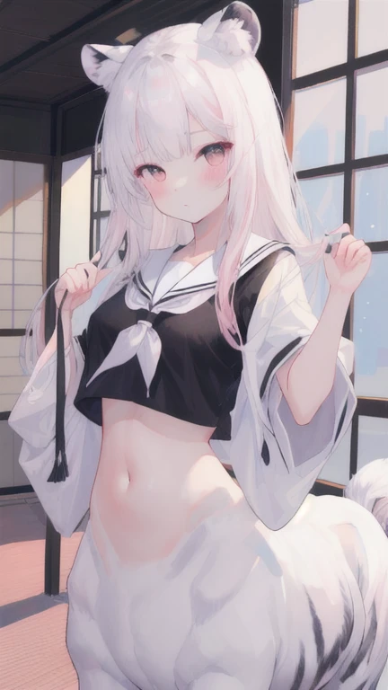 (best quality, masterpiece), 1 girl, centaur, I beg, White skin, Japanese schoolgirl, black pink, exposing the abdomen, belly button t-shirt , beautiful girl perfect, White tiger photo, 완벽한 White tiger photo