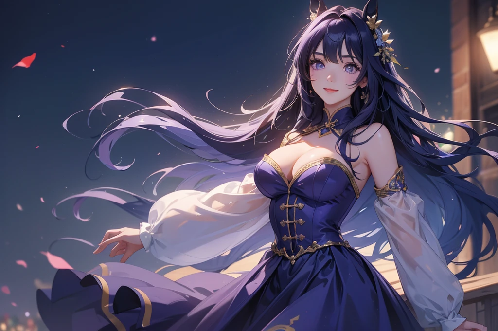 Vershina、Horse Girl。A girl with horse ears alone with a western-style night view in the background、beautiful cleavagorgeous dress、Purple Eyes。Long hair with purple hair、put on a big smile、strong winds blowing up from below、Spread your arms、Chest centered、High angle。Bright colors使い。Studio Lighting、Ultra Definition Painting、Physically Based Rendering、Detailed Description、professional、Bright colors、Dramatic lighting