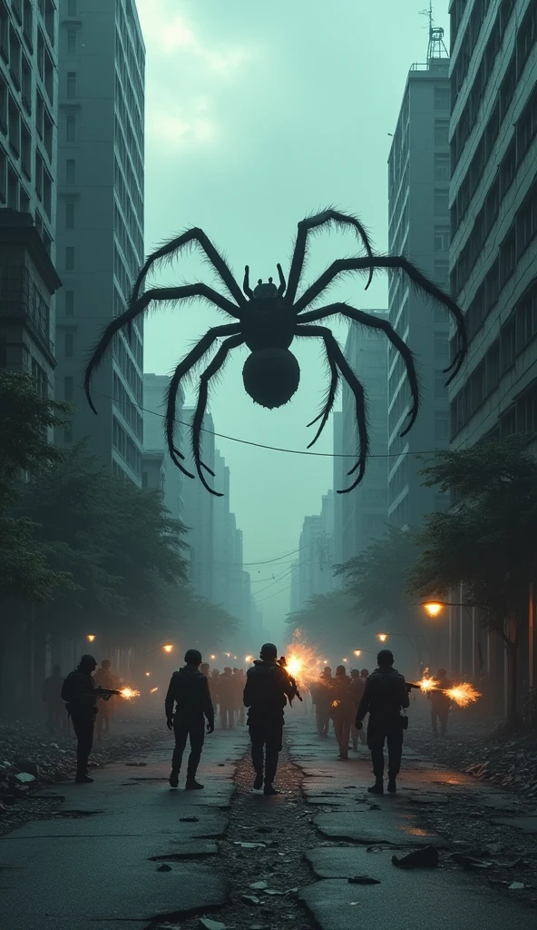 Image In the gloomy deserted city in the middle of the road high-rise buildings .
The scene shook There was a deep crack under the road. .underground space crack Scene of Anh Tam army holding AK 47 shooting giant spider 
