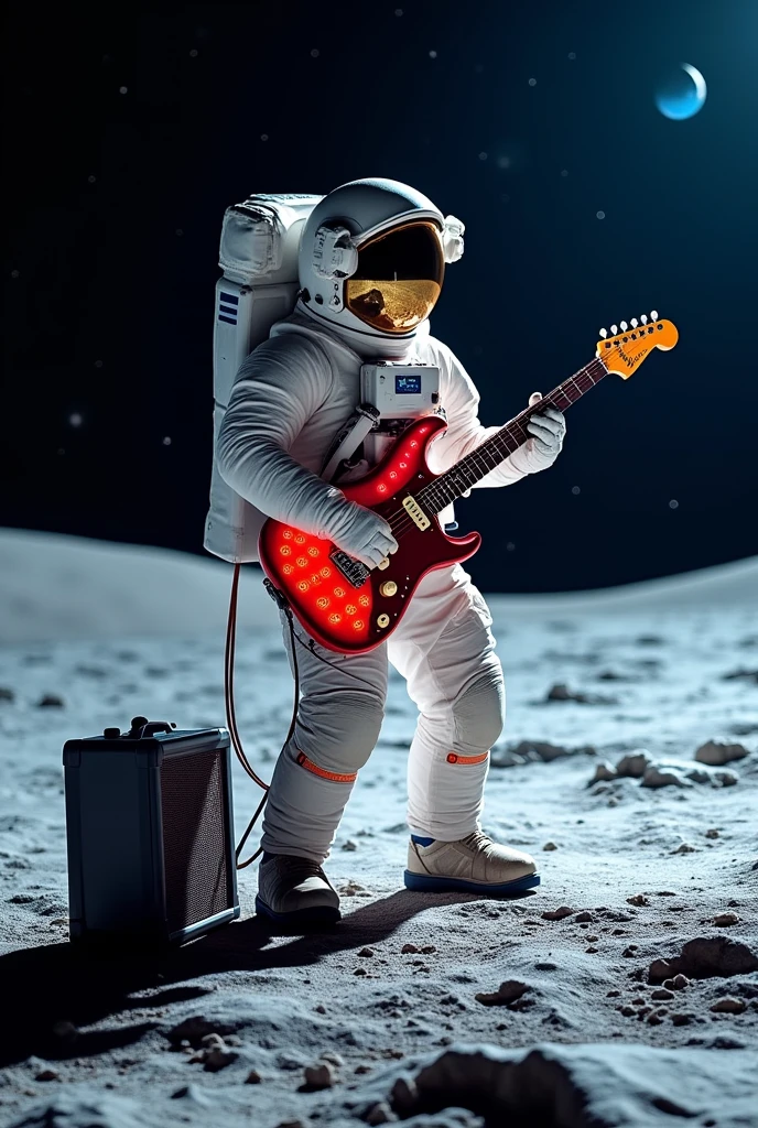 An astronaut with an electric guitar, connected to an amplifier floating next to it, playing a rock solo as the sound waves seem to echo through the lunar void.