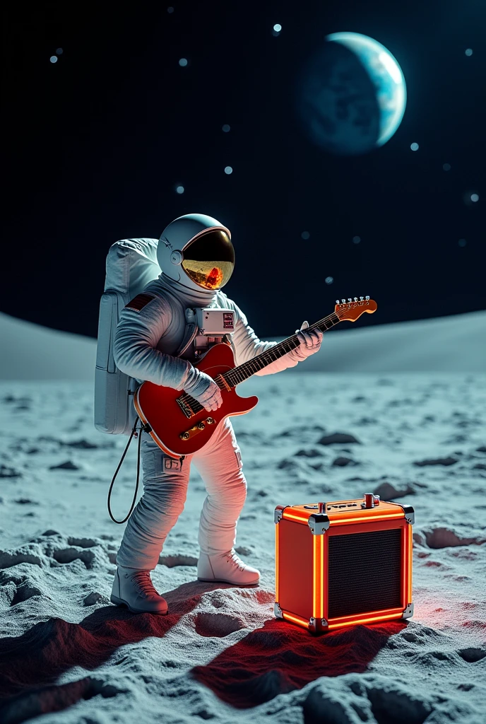 An astronaut with an electric guitar, connected to an amplifier floating next to it, playing a rock solo as the sound waves seem to echo through the lunar void.