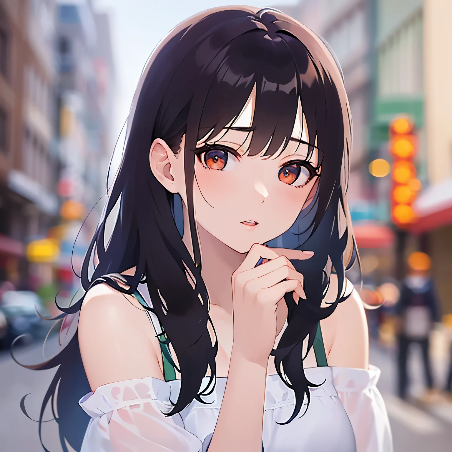 (looking at viewer:1.5)Upper Body,Putting a hand to your mouth, Realistic, real person, (pale skin: 1.2), RAW photo, photorealistic, shiny skin, shiny hair、(A 25-year-old woman with medium-length hair and bangs) and (wavy hair) and (brown hair) and (orange eyes) , (white) and (off shoulder blouse) worried,open mouth,(alone:1.5),The background is a busy street