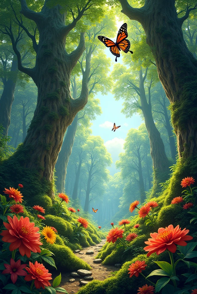 In the forest, there are tall trees with green leaves. Some trees were very old and big. There are colorful flowers, like red and yellow ones. The big butterflies flying around the flowers.