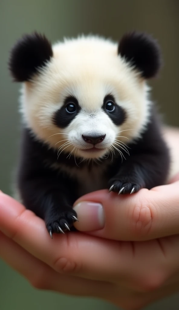photorrealistic, 64k, tiny baby fat [chinese Panda] perched on human perfect fingers