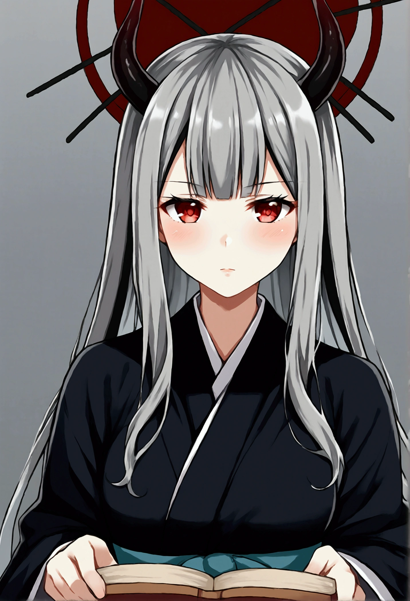8k, Highest quality, Manga style, View your viewers, Intricate details,One person, Nakiri Ayame, 2Demon horns in the book, Multicolored Hair, Long Hair, Red eyes, Gray Hair, kimono,