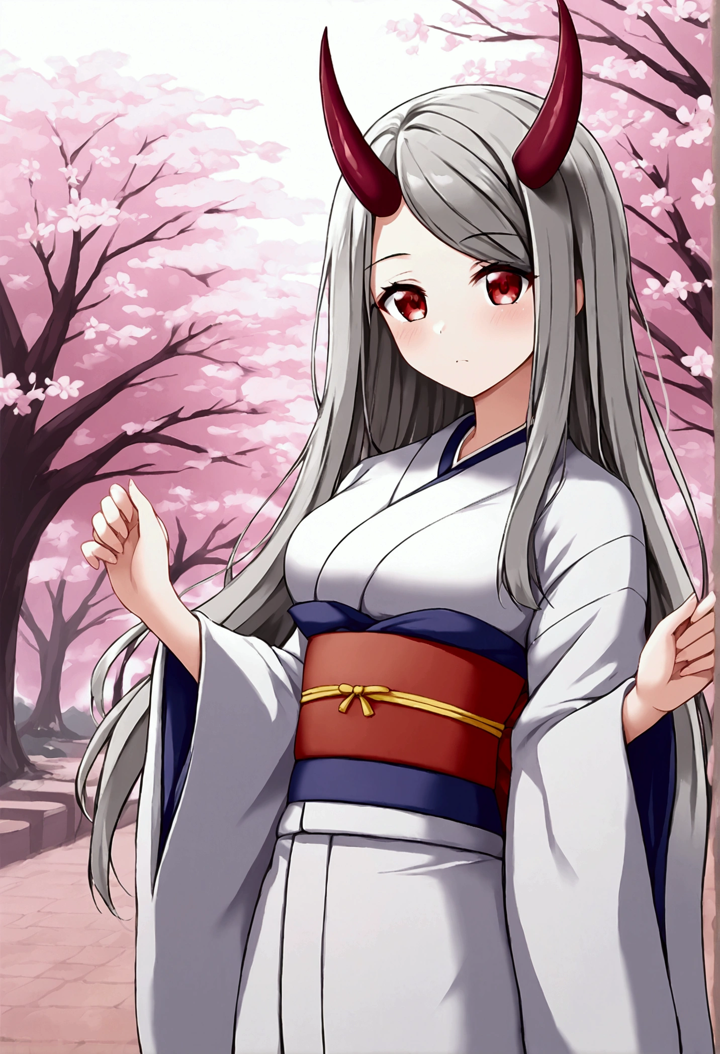 8k, Highest quality, Manga style, View your viewers, Intricate details,One person, Nakiri Ayame, 2Demon horns in the book, Multicolored Hair, Long Hair, Red eyes, Gray Hair, kimono,